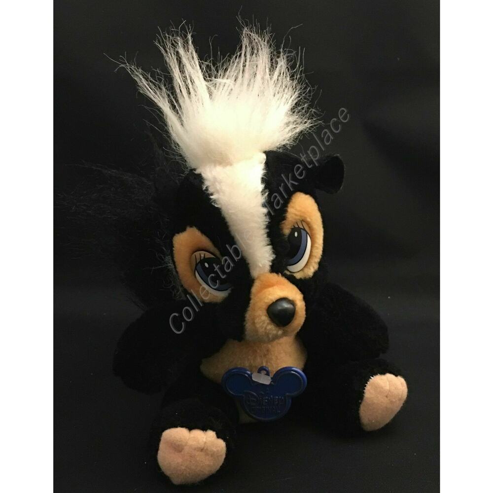 Disney Parks Vtg 80's Disney 6" Sitting Black & White Skunk Bambi Flower Plush